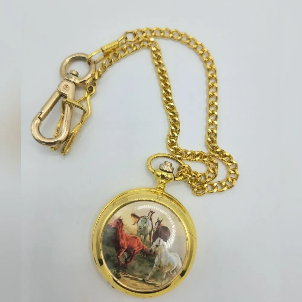 Vintage Gold horses pocket watch with chain